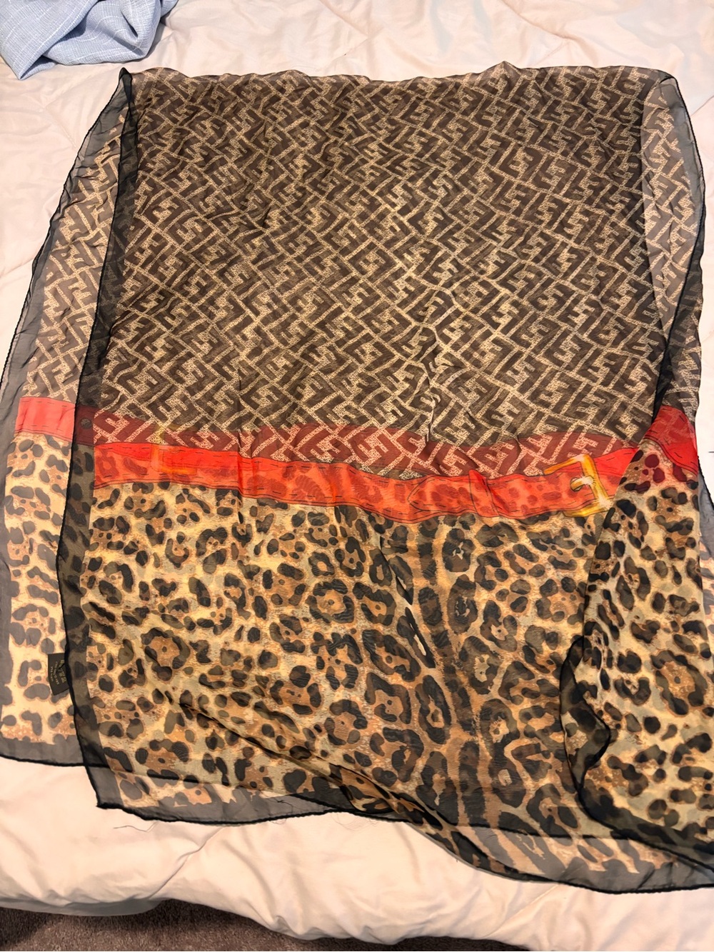 Fendi Multicolor FF Logo and Leopard Print Silk Scarf with Coral Trim
